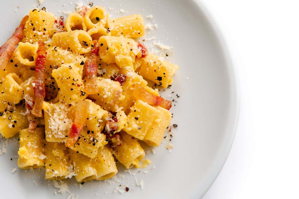 Plato de rigatoni a la carbonara con panceta crujiente y queso rallado, vista superior