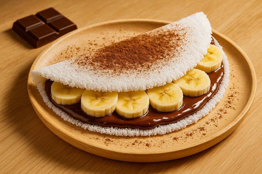 Detalhe de uma tapioca feita com chocolate, banana e canela em um prato de madeira