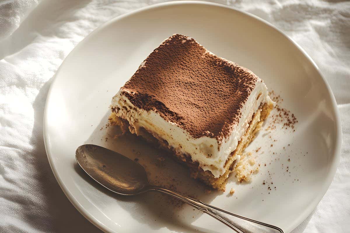 Porción de tiramisú espolvoreada con cacao sobre un plato blanco con una cuchara