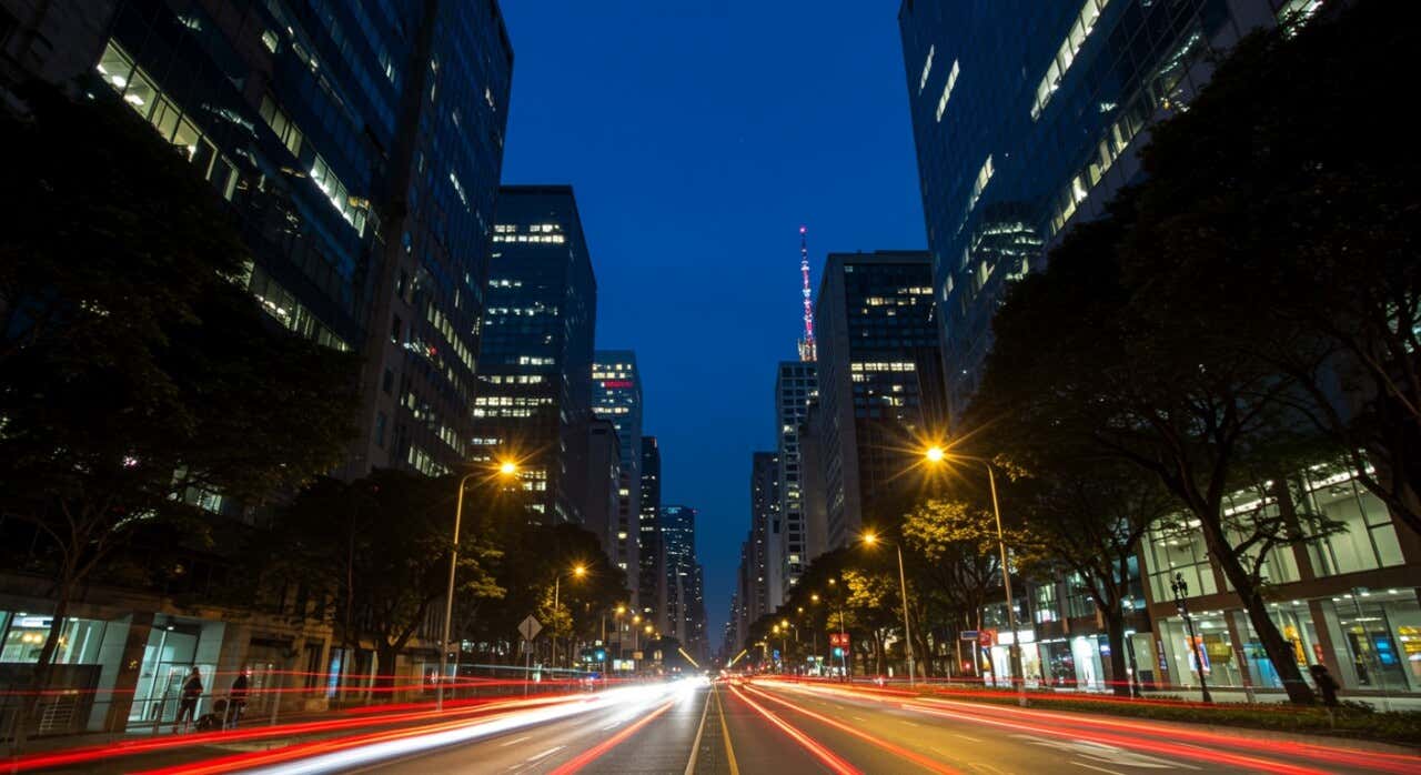 Avenida Paulista à noite, em São Paulo, vista em movimento entre os arranha-céus iluminados