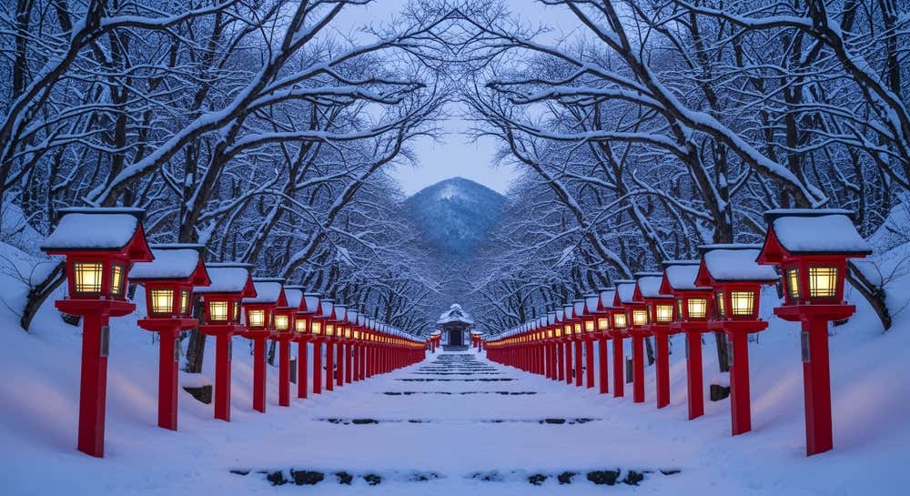 Una ripida scalinata innevata incorniciata da una lunga doppia fila di lanterne di legno rosso illuminate, che conduce verso un piccolo santuario; su entrambi i lati rami d'alberi spogli coperti di neve formano un arco, con una montagna innevata sullo sfondo al crepuscolo