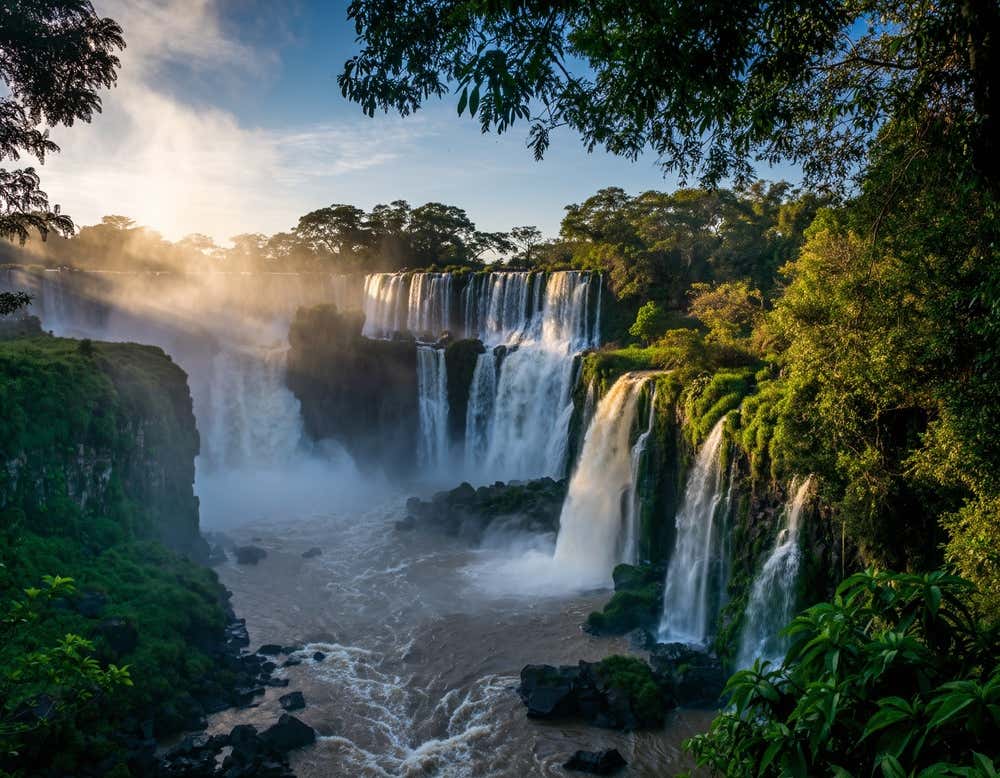Vista panorâmica das Cataratas do Iguaçu, com o sol ao fundo iluminando as imponentes quedas d’água e a exuberante vegetação tropical na fronteira entre Brasil e Argentina