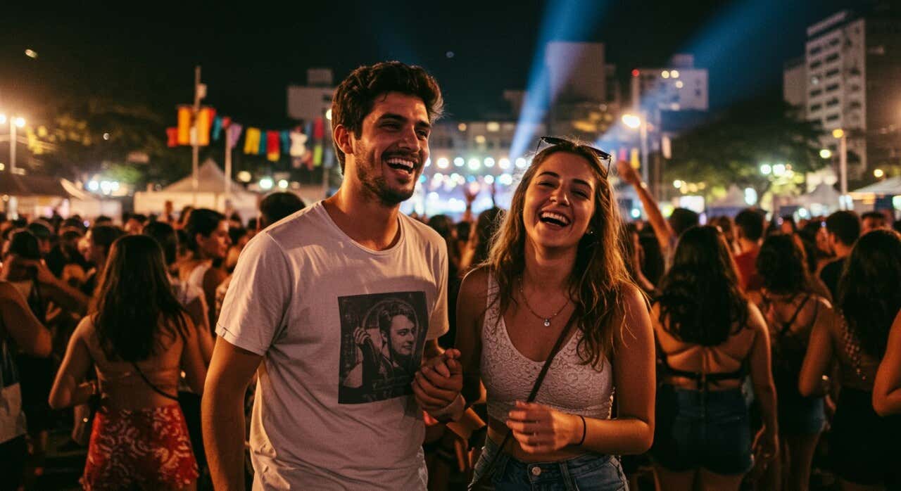Um jovem casal de São Paulo aproveitando um show ao ar livre durante a noite
