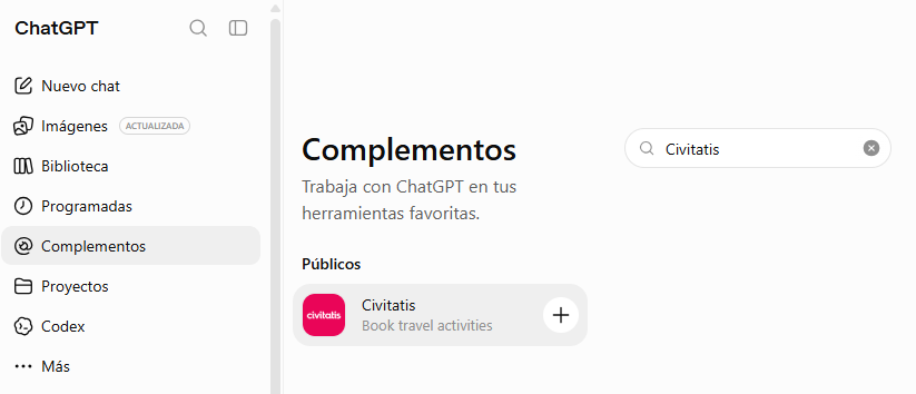 Pantalla de ChatGPT con una búsqueda del complemento de Civitatis para buscar actividades