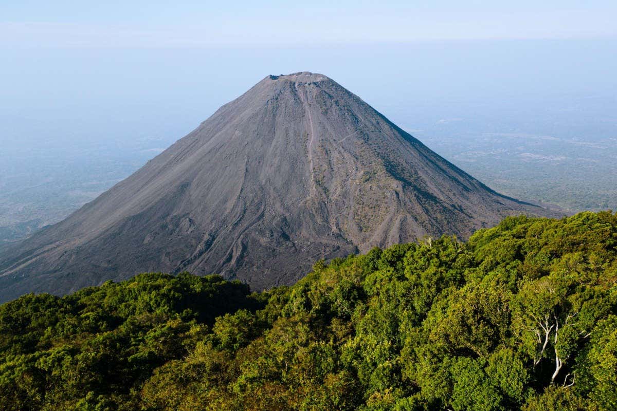 Panorámica del volcán de Izalco con un bosque verde al frente
