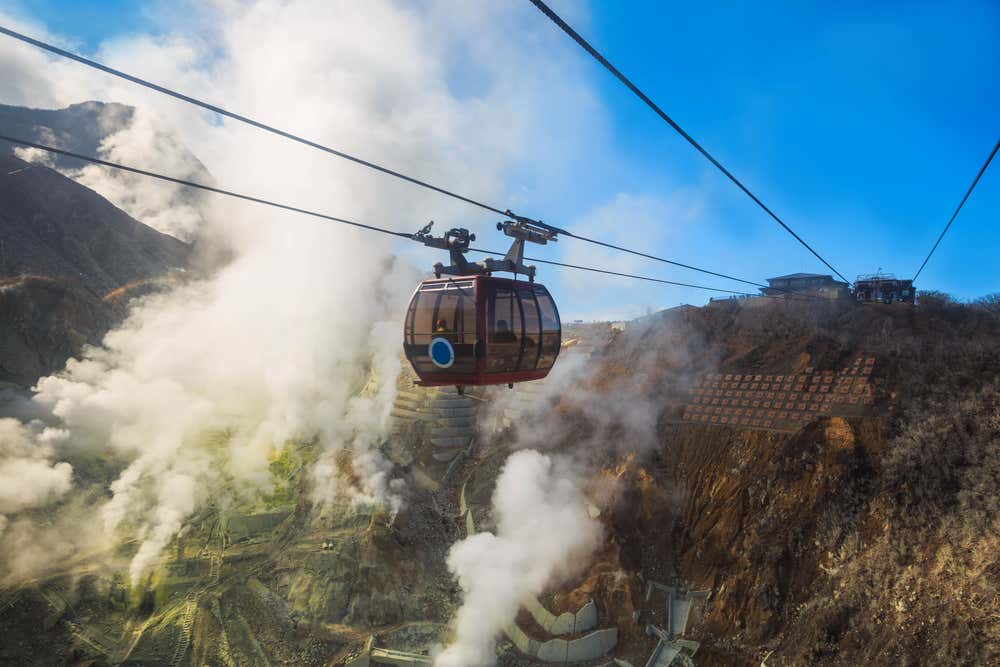 Hakone Ropeway going over Owakudani as sulphur vents from the mountain.