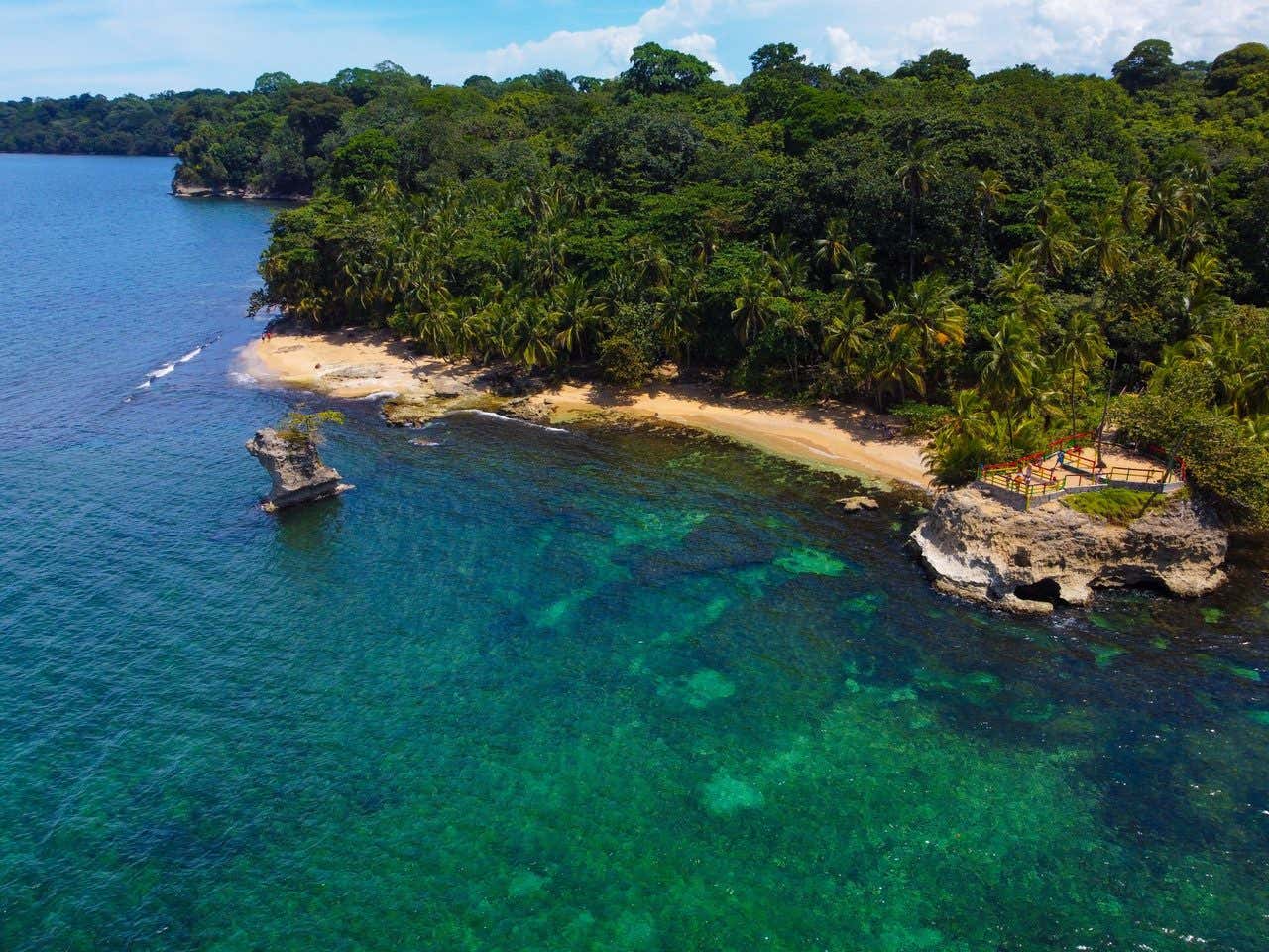 Aerial view of a tropical beach with lush green forest and clear blue waters in Cahuita, Costa Rica.