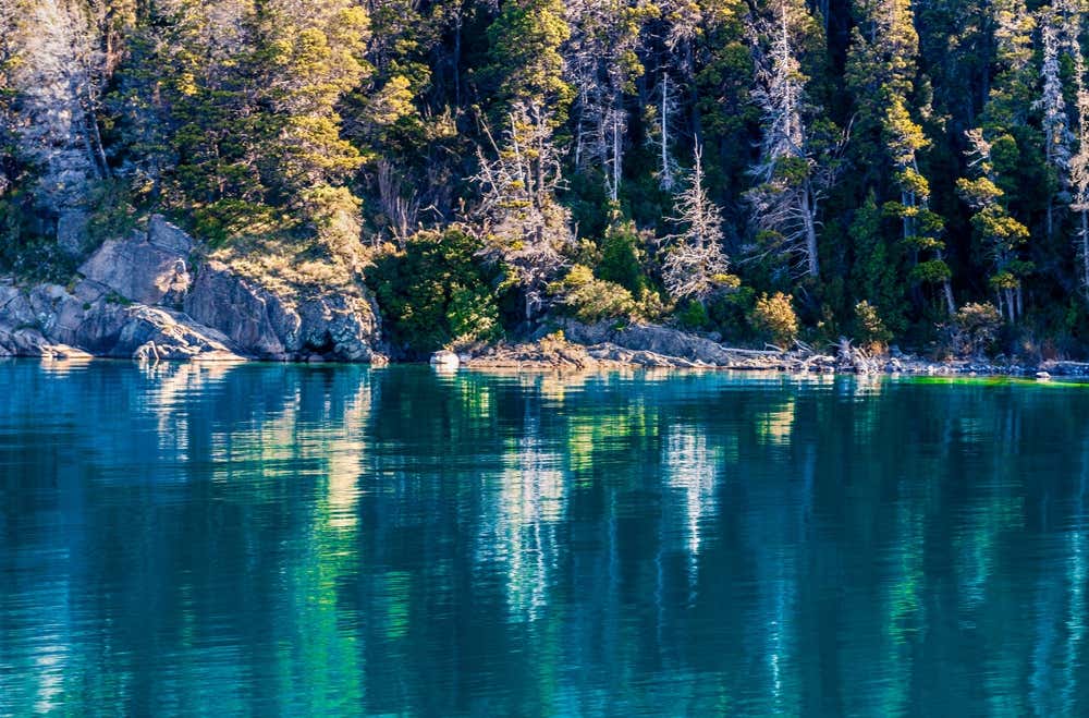 Barco navegando pelo Lago Nahuel Huapi, entre Puerto Pañuelo e Puerto Blest, com montanhas e paisagens naturais de Bariloche ao redor