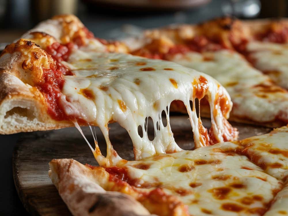 Fatia de pizza com molho de tomate e muçarela derretida, um clássico italiano da gastronomia de Las Vegas