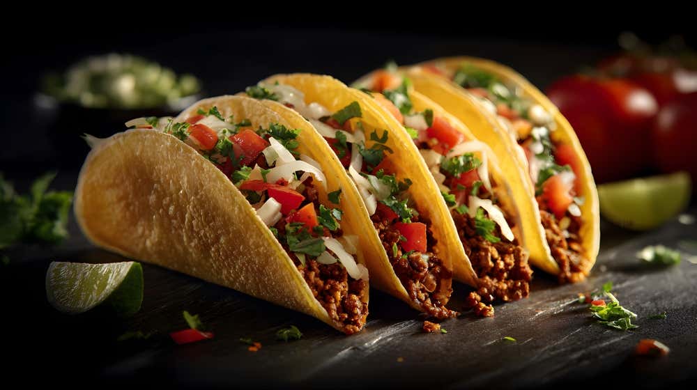 Detalhe de tacos recheados com carne, tomate, cebola e coentro, servidos sobre uma ardósia escura