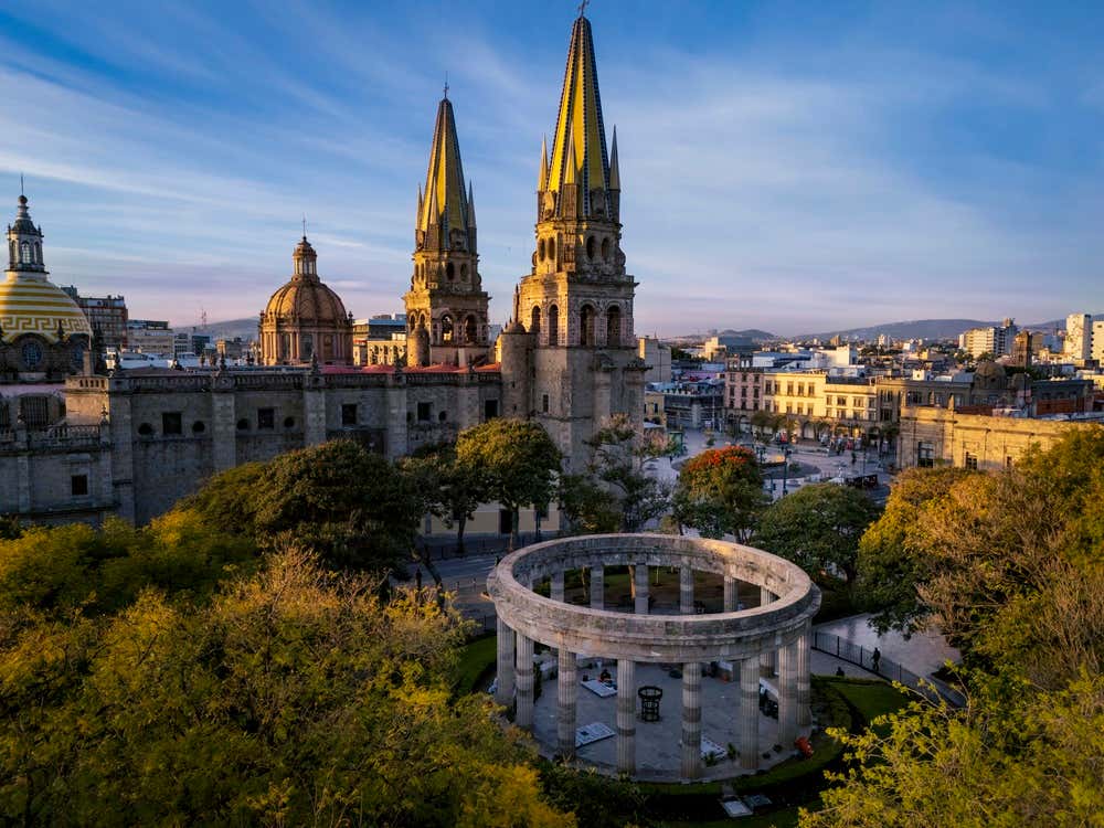 Guadalajara's historic center seen from above, with the cathedral and other buildings in shot.