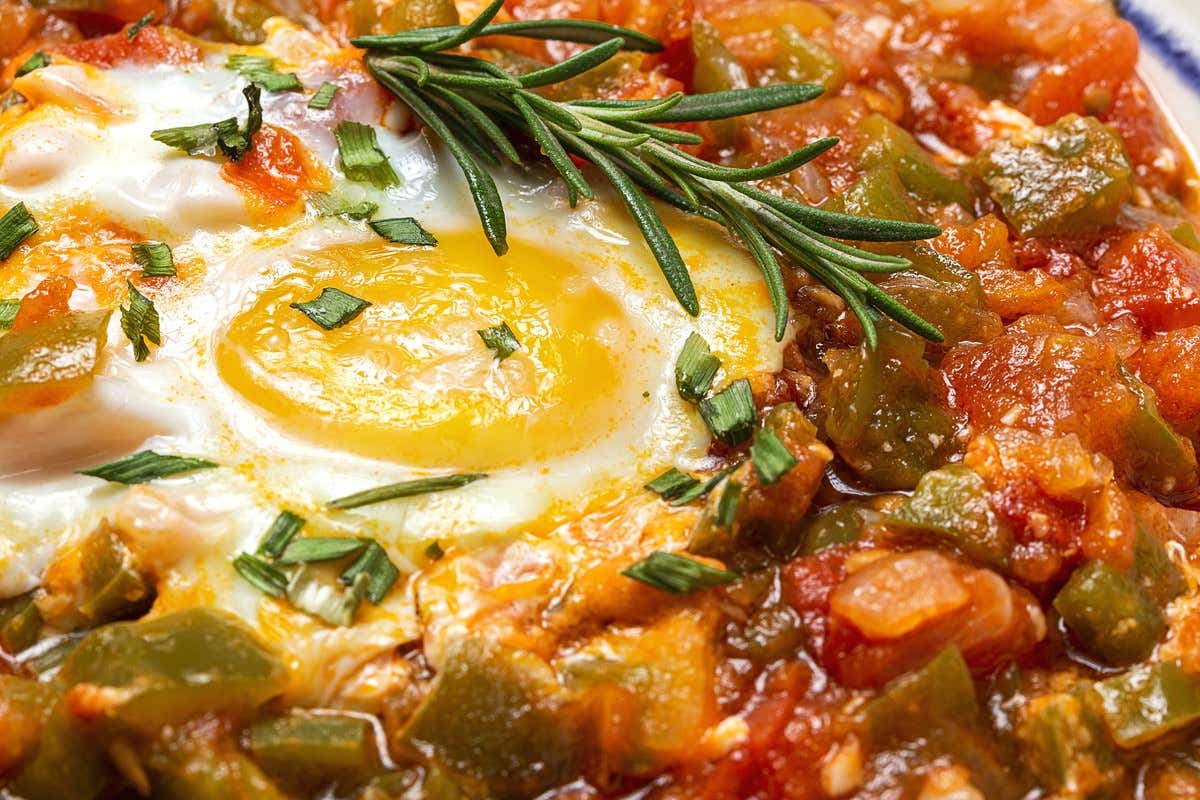 Huevo frito sobre pisto de verduras con romero fresco