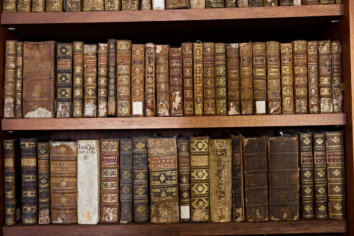 Estante com livros antigos encadernados em couro com lombadas douradas