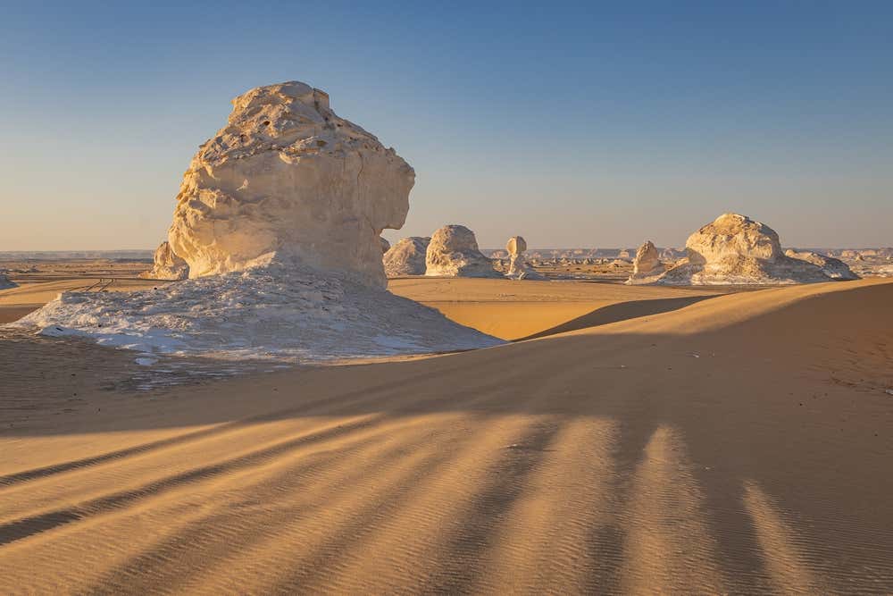 Le formazioni di roccia calcarea bianca del Deserto Bianco, in Egitto, modellate dal vento in forme arrotondate simili a funghi giganti. In primo piano si stendono dune di sabbia dorata, segnate dalle ombre lunghe del tramonto, sotto un cielo limpido