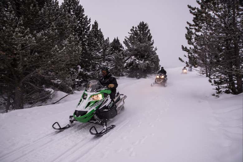 Disfrutando del paseo en moto de nieve