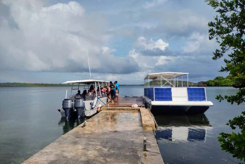 Subindo no barco para seguir para Stingray City