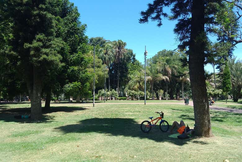 Una persona descansando al lado de su bici en el parque