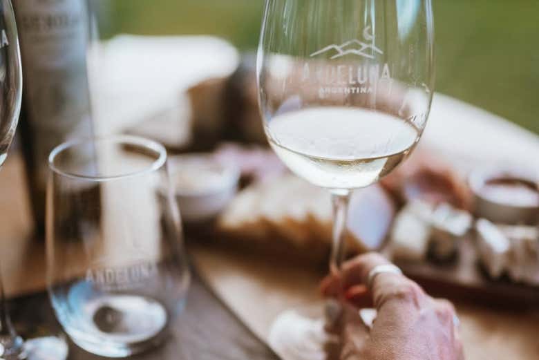 Tomando una copa de vino blanco durante la cena