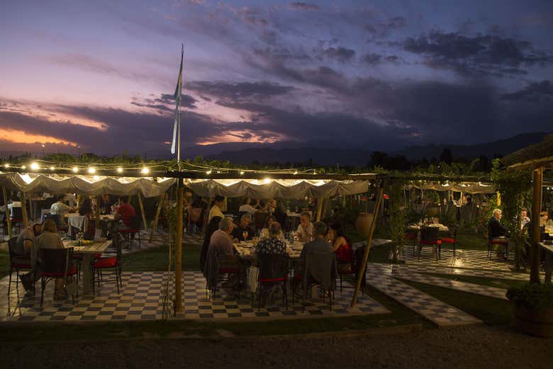 Disfrutando de una deliciosa cena entre viñedos