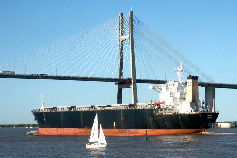 The boat passing under the Rosario - Victoria bridge