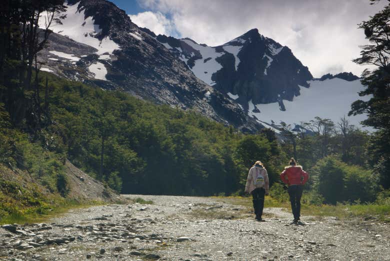 Caminando por un sendero del glaciar Martial