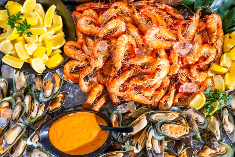 Gambas y mejillones naturales de Nueva Zelanda