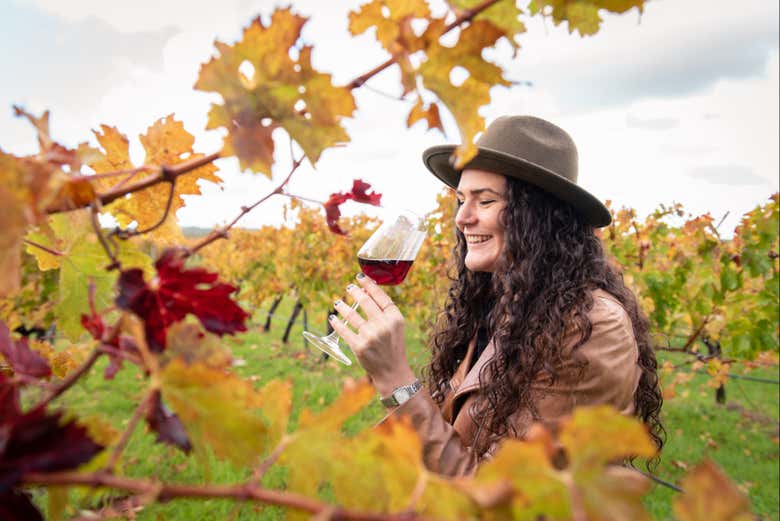 Uma mulher bebendo uma taça de vinho entre os vinhedos