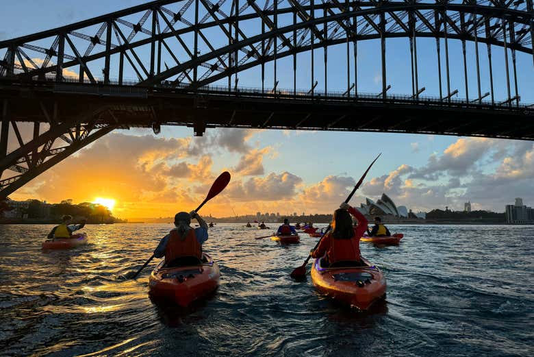 Remando al tramonto nei pressi Harbour Bridge