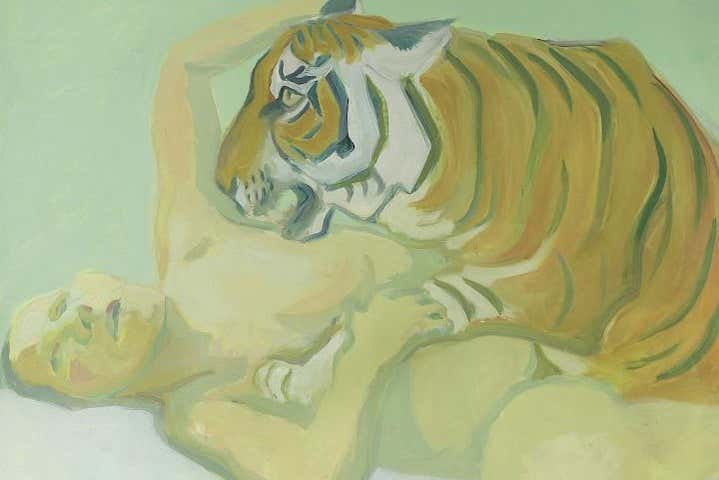 "Durmiendo con un tigre" de Maria Lassnig