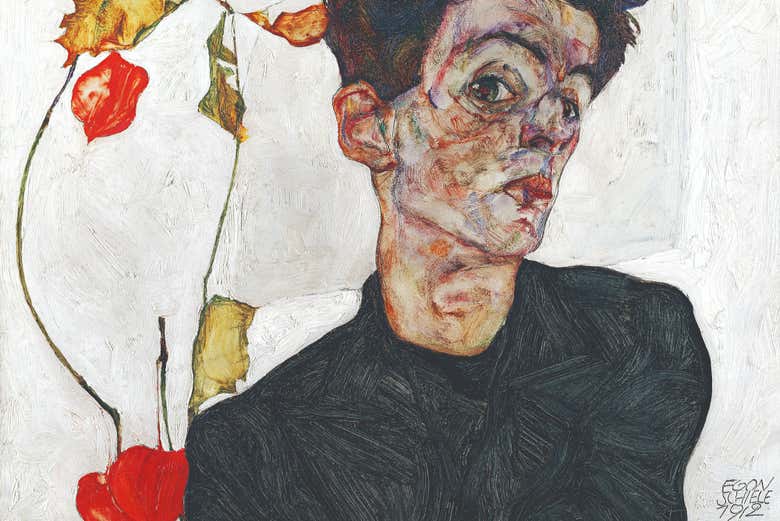 Egon Schiele, autorretrato con planta de linterna china