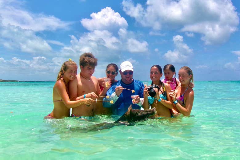 Junto a un cerdo nadador de Bahamas