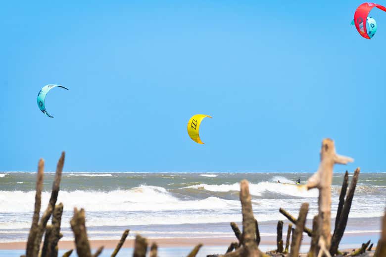Kitesurfs vistos da praia