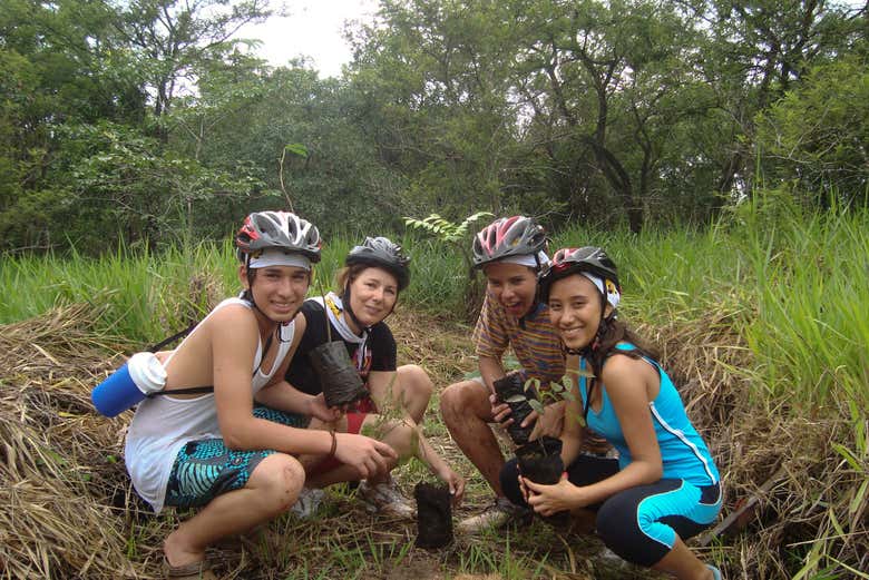 Grupo plantando uma árvore durante o tour