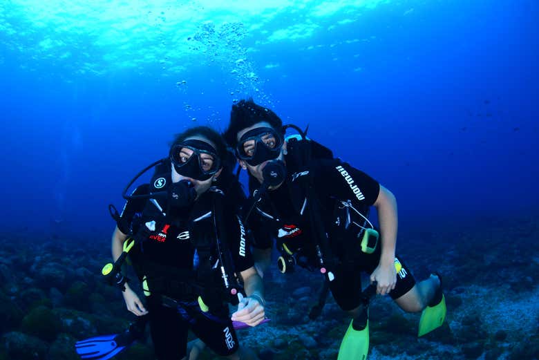 Durante o batismo de mergulho em Fernando de Noronha