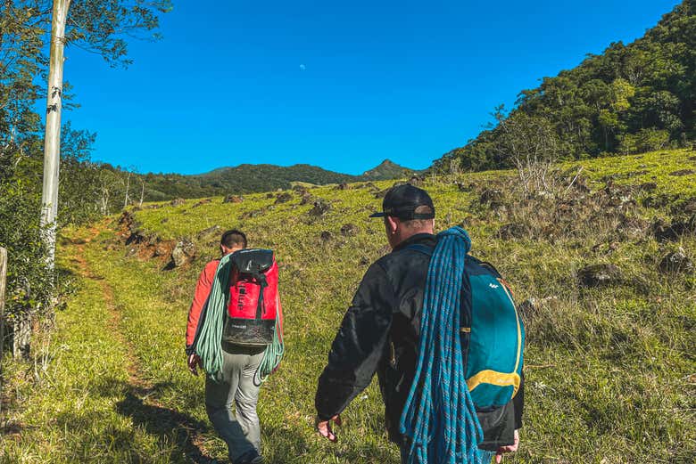 Walking toward a waterfall