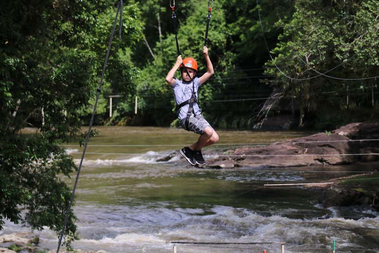 Sliding down the zip line