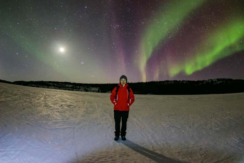 Auroras boreales en una noche de luna llena