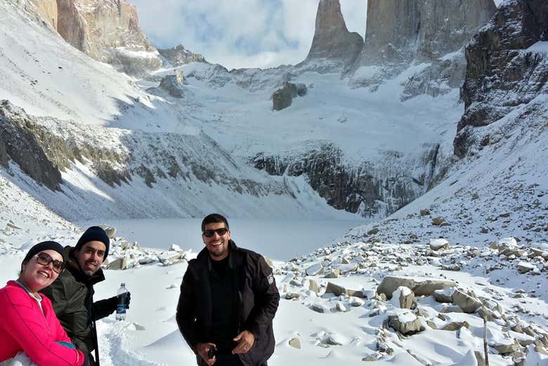 Hiking in front of majestic peaks of Torres del Paine