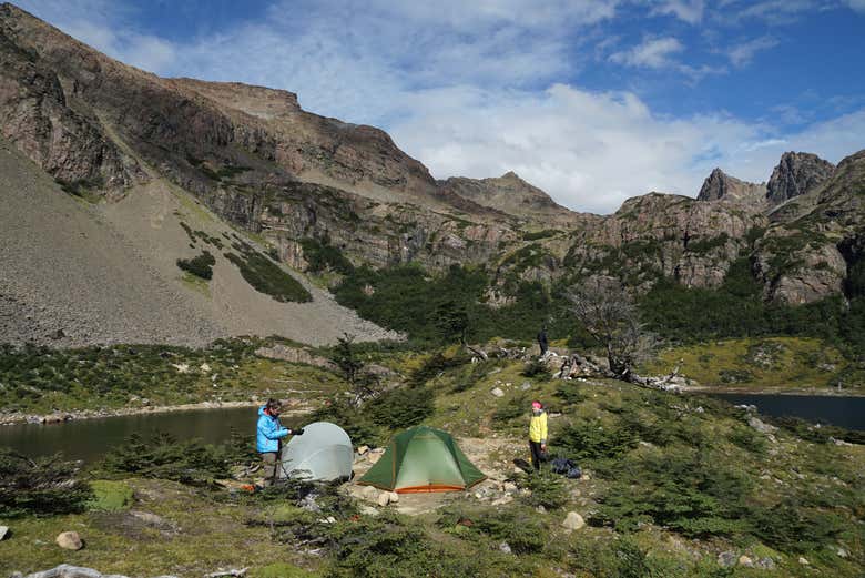 Setting up our mountain campsite