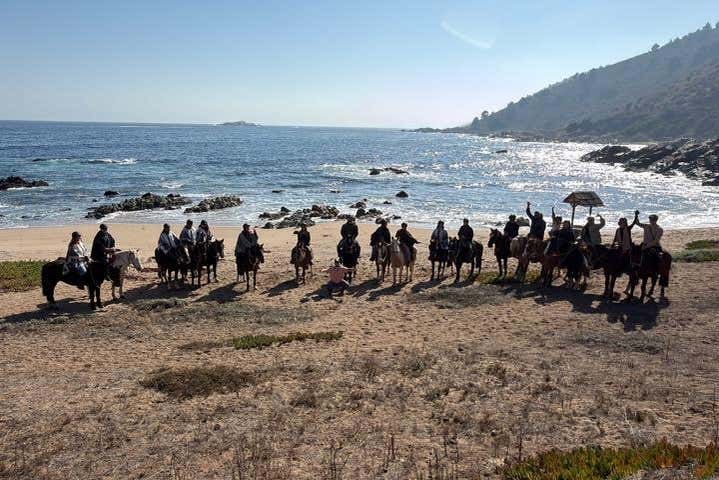 Foto de grupo sobre los caballos en la playa