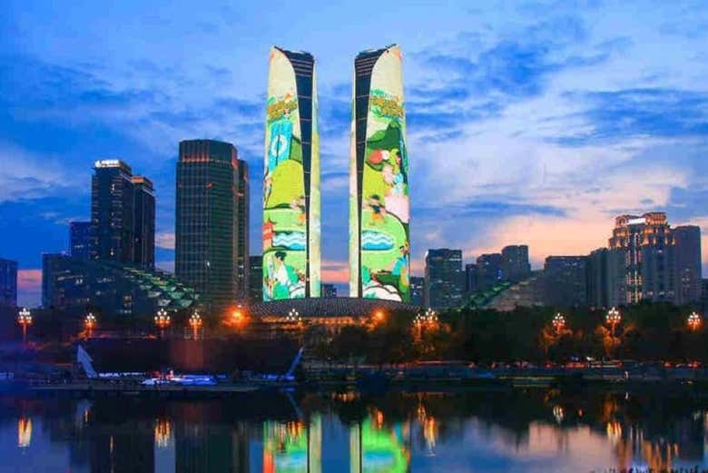 O espetáculo de luzes das Torres Gêmeas de Tianfu