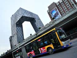 Bus in Beijing next to the China Television Headquarters