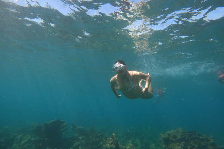 Una chica haciendo snorkel en Barú