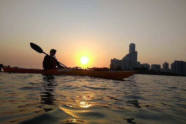 Enjoying the sunset on the kayaks