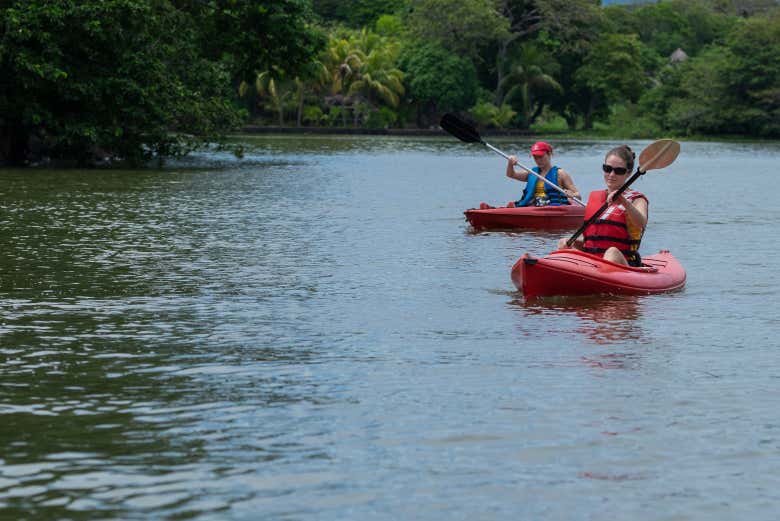 Travelling through the Amazon rainforest in a canoe