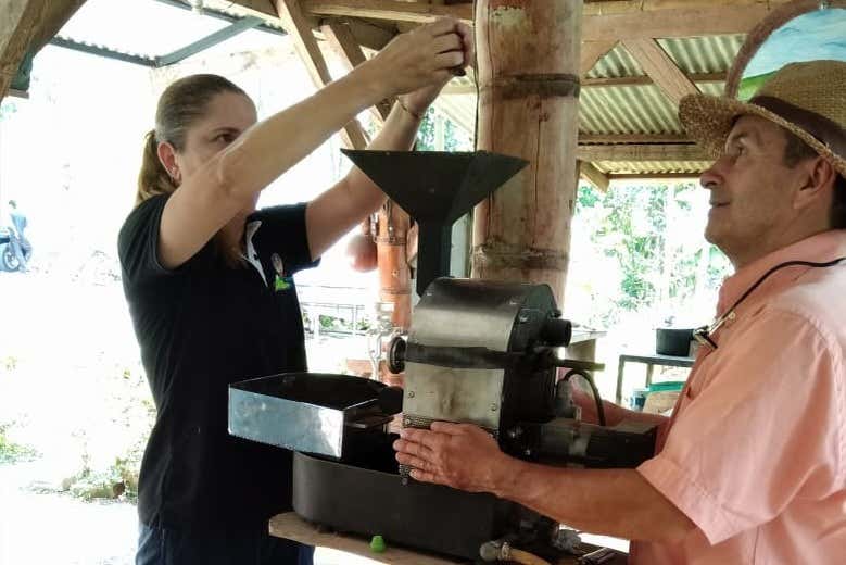 Crushing cacao beans