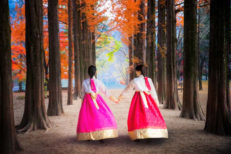 Vestidos tradicionales coreanos en la isla Nami