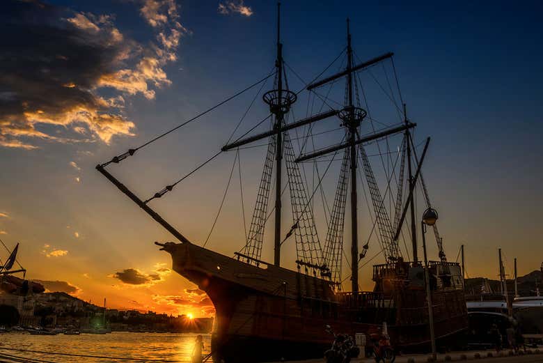 An authentic galleon at sunset