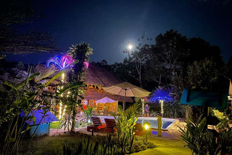 The lodge illuminated at night