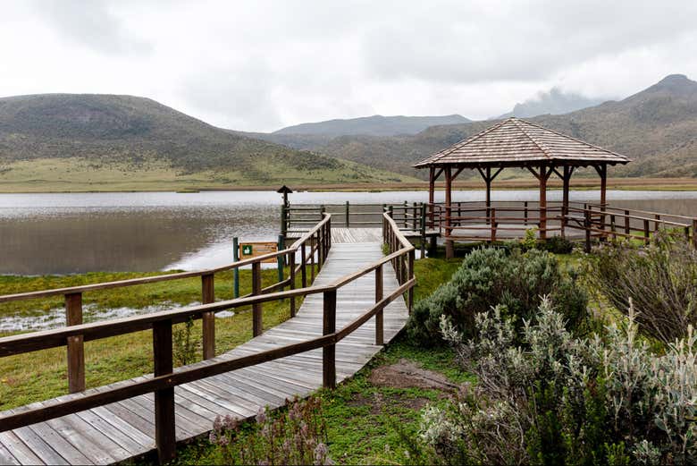 Recorriendo la pasarela hacia el mirador de la laguna
